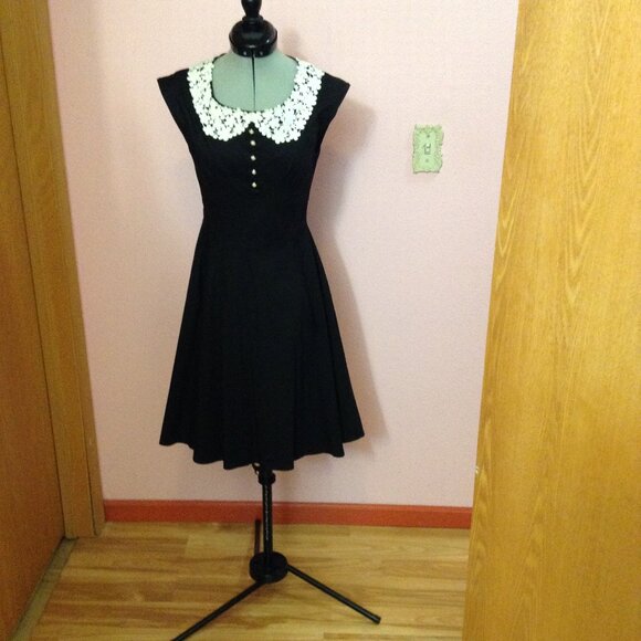 Acevog Dresses & Skirts - Wednesday Addams Style Black Dress with White Crochet Collar and Faux Buttons